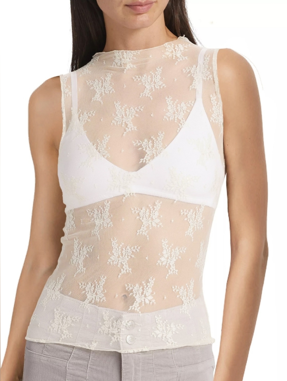 Sheer Floral Lace Mock Neck Tank Top  - White